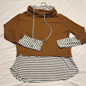 Striped Cowl Neck Sweater - Brown and White